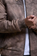 Men's Classic Baseball Leather Jacket With Collar [Beige Distressed]