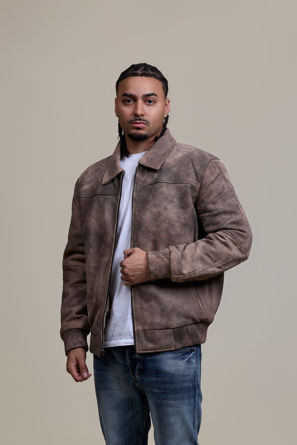 Men's Classic Baseball Leather Jacket With Collar [Beige Distressed]