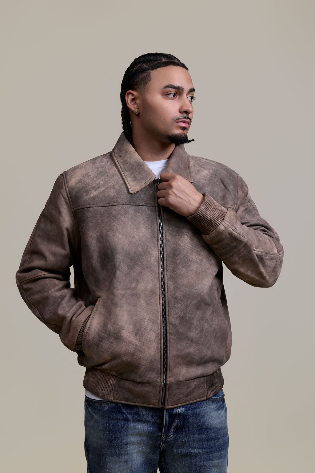 Men's Classic Baseball Leather Jacket With Collar [Beige Distressed]