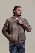 Men's Classic Baseball Leather Jacket With Collar [Beige Distressed]