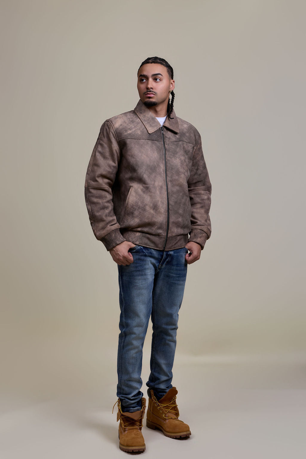 Men's Classic Baseball Leather Jacket With Collar [Beige Distressed]