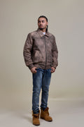 Men's Classic Baseball Leather Jacket With Collar [Beige Distressed]
