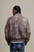 Men's Classic Baseball Leather Jacket With Collar [Beige Distressed]