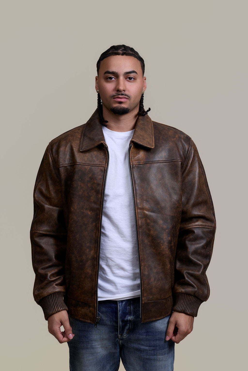Men's Classic Baseball Leather Jacket With Collar [Antique Brown]