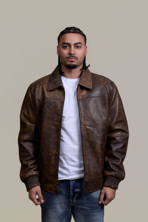 Men's Classic Baseball Leather Jacket With Collar [Antique Brown]