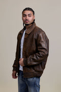 Men's Classic Baseball Leather Jacket With Collar [Antique Brown]