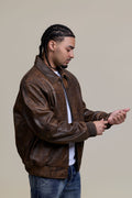 Men's Classic Baseball Leather Jacket With Collar [Antique Brown]