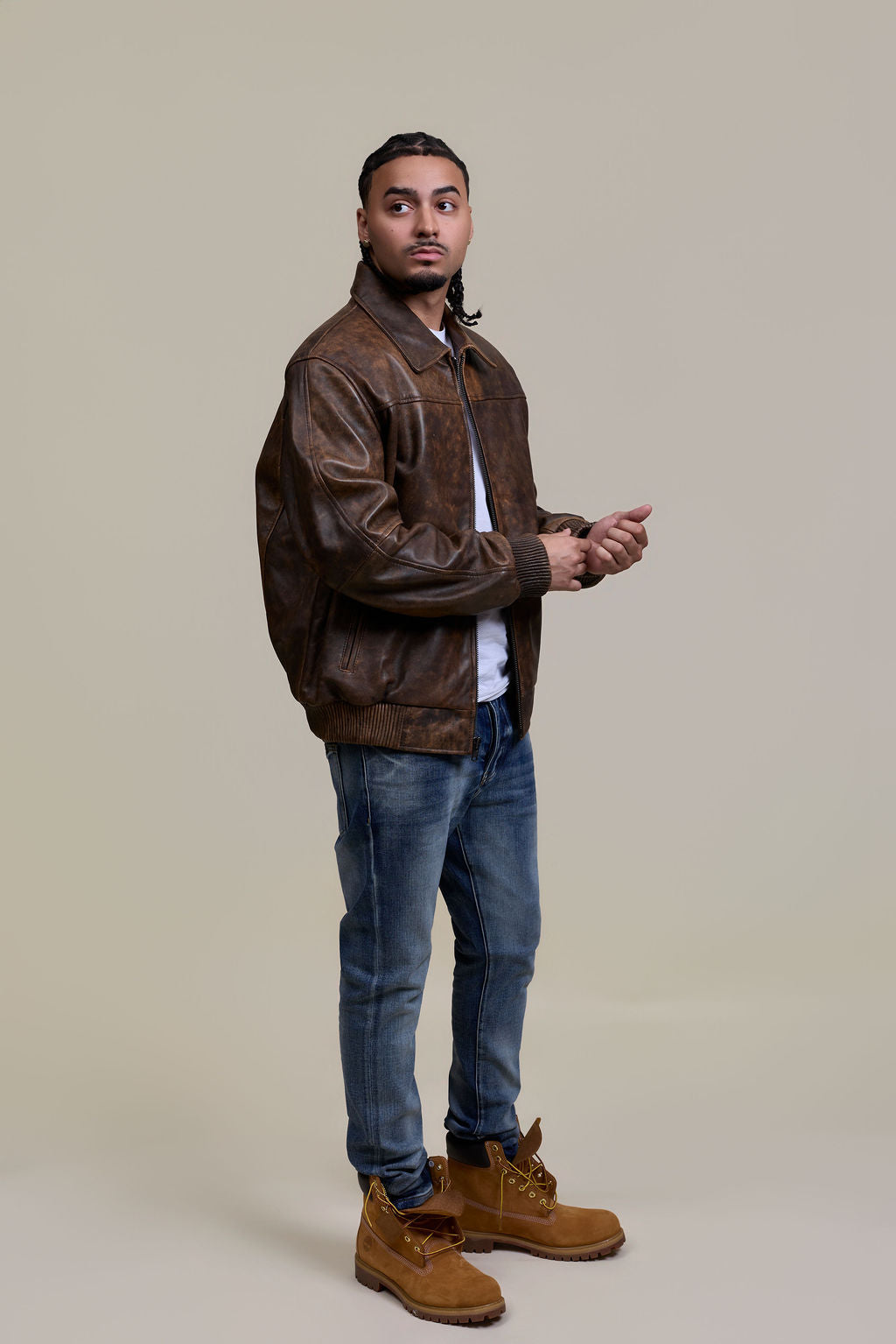 Men's Classic Baseball Leather Jacket With Collar [Antique Brown]