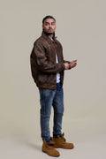Men's Classic Baseball Leather Jacket With Collar [Antique Brown]