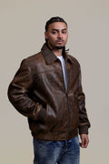 Men's Classic Baseball Leather Jacket With Collar [Antique Brown]