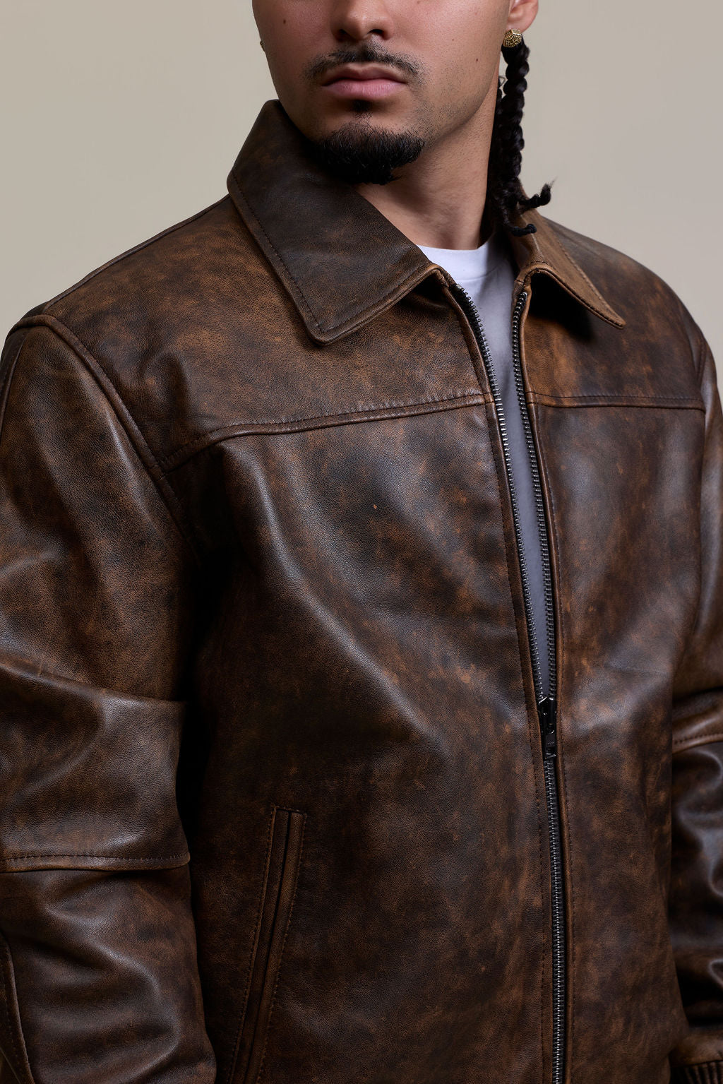 Men's Classic Baseball Leather Jacket With Collar [Antique Brown]