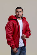 Men's Classic Baseball Jacket With Fox Hood [Red]