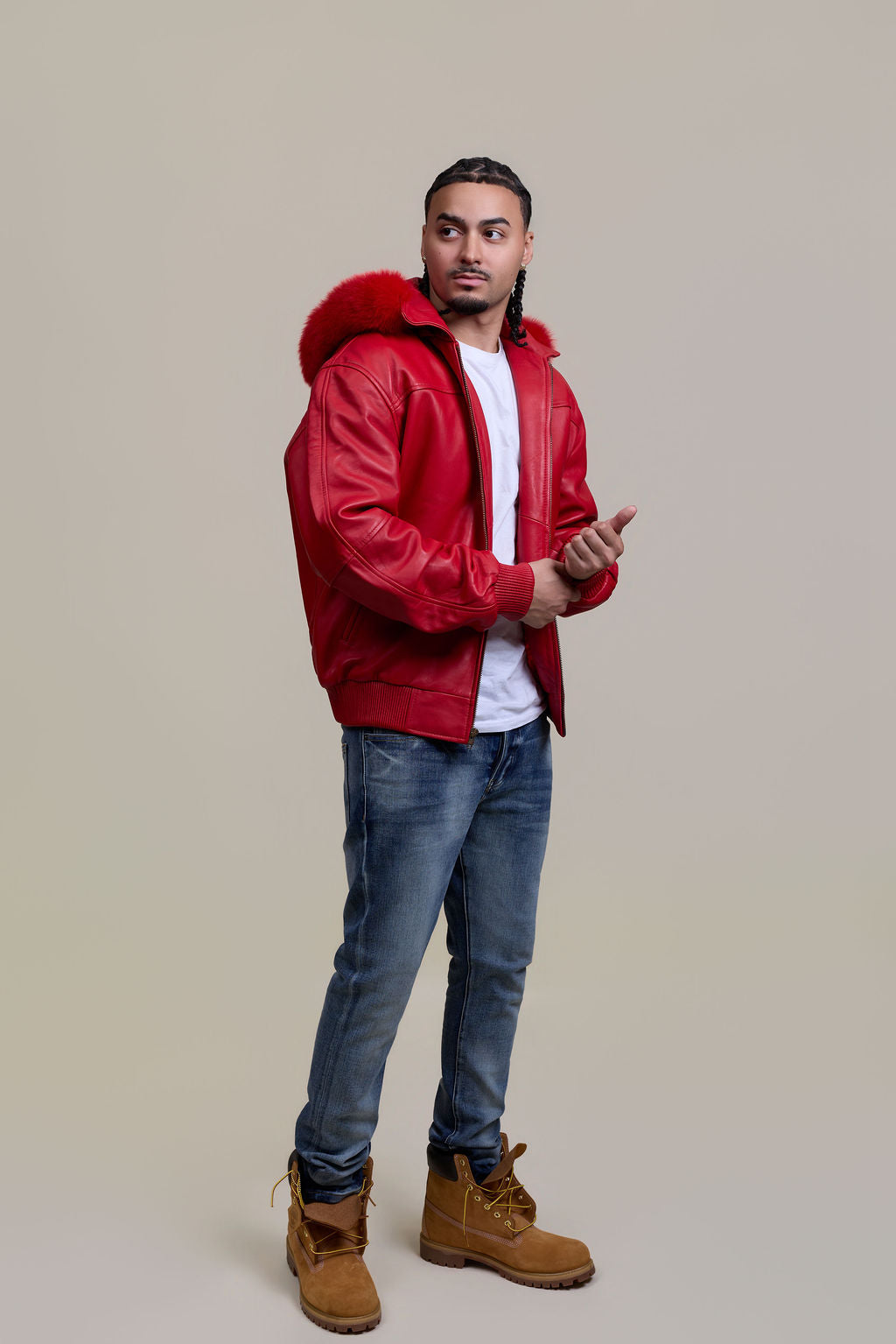Men's Classic Baseball Jacket With Fox Hood [Red]