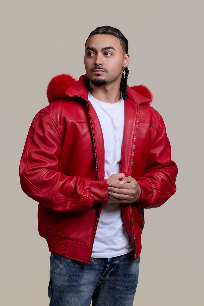 Men's Classic Baseball Jacket With Fox Hood [Red]
