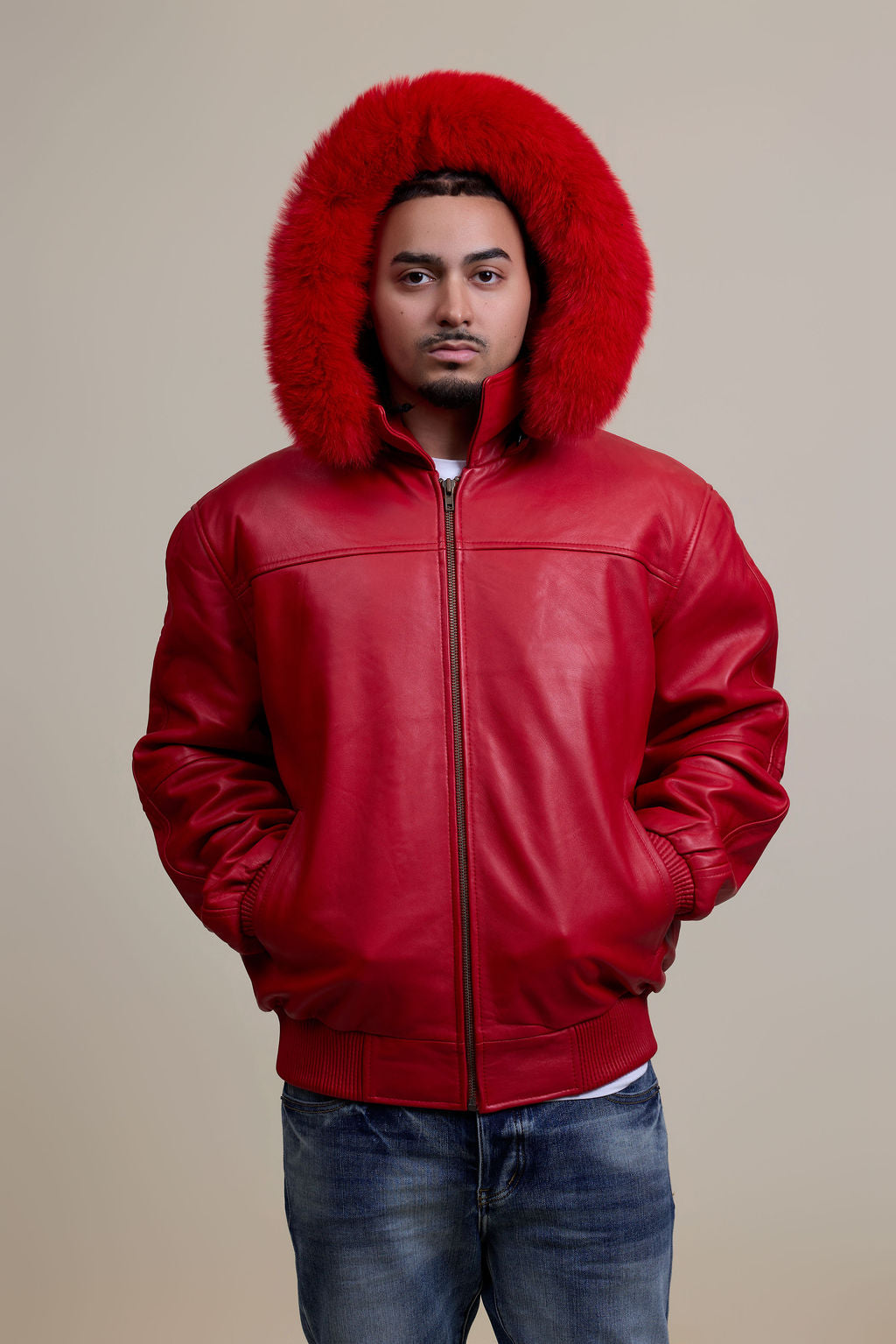 Men's Classic Baseball Jacket With Fox Hood [Red]
