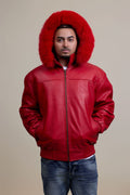Men's Classic Baseball Jacket With Fox Hood [Red]