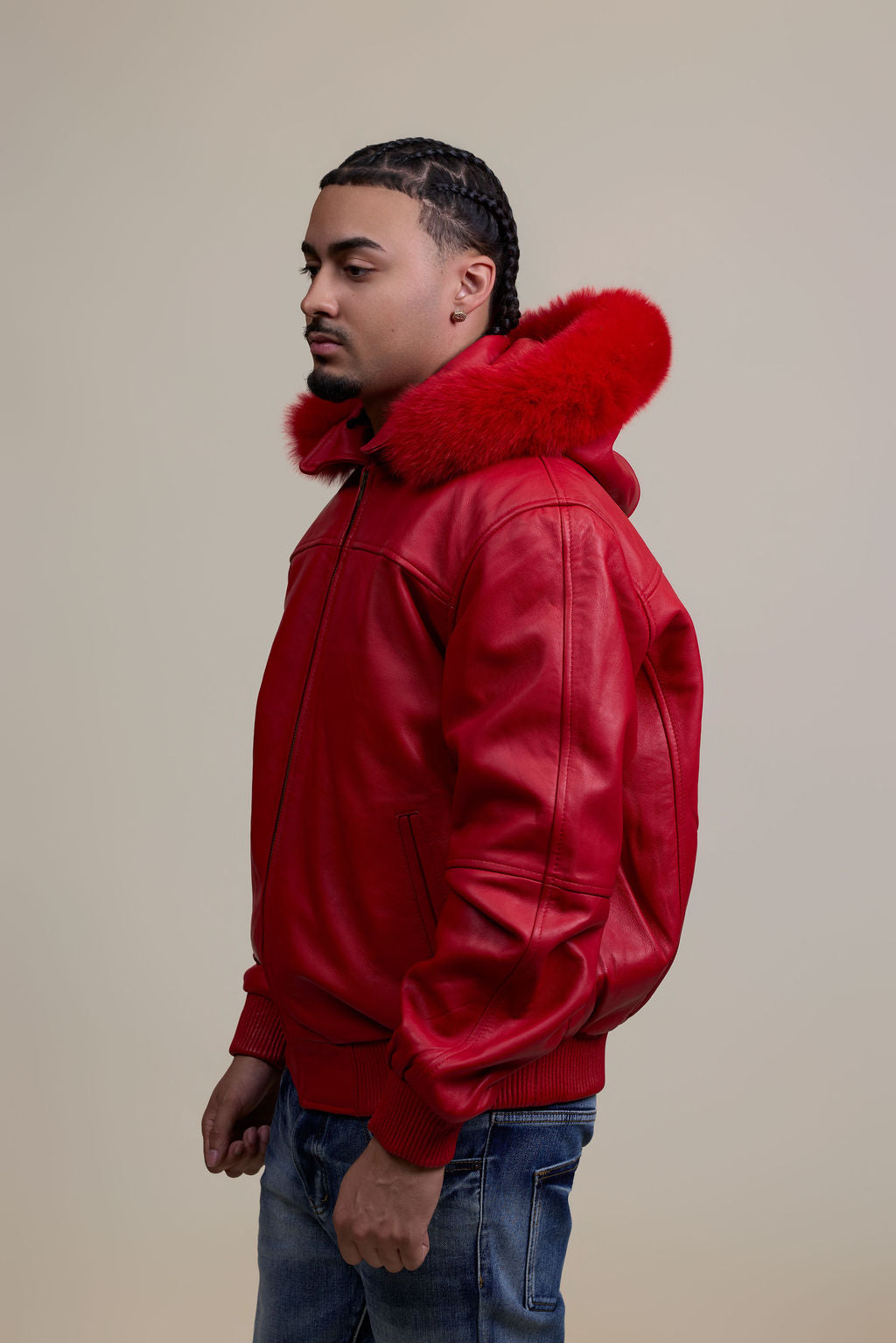 Men's Classic Baseball Jacket With Fox Hood [Red]