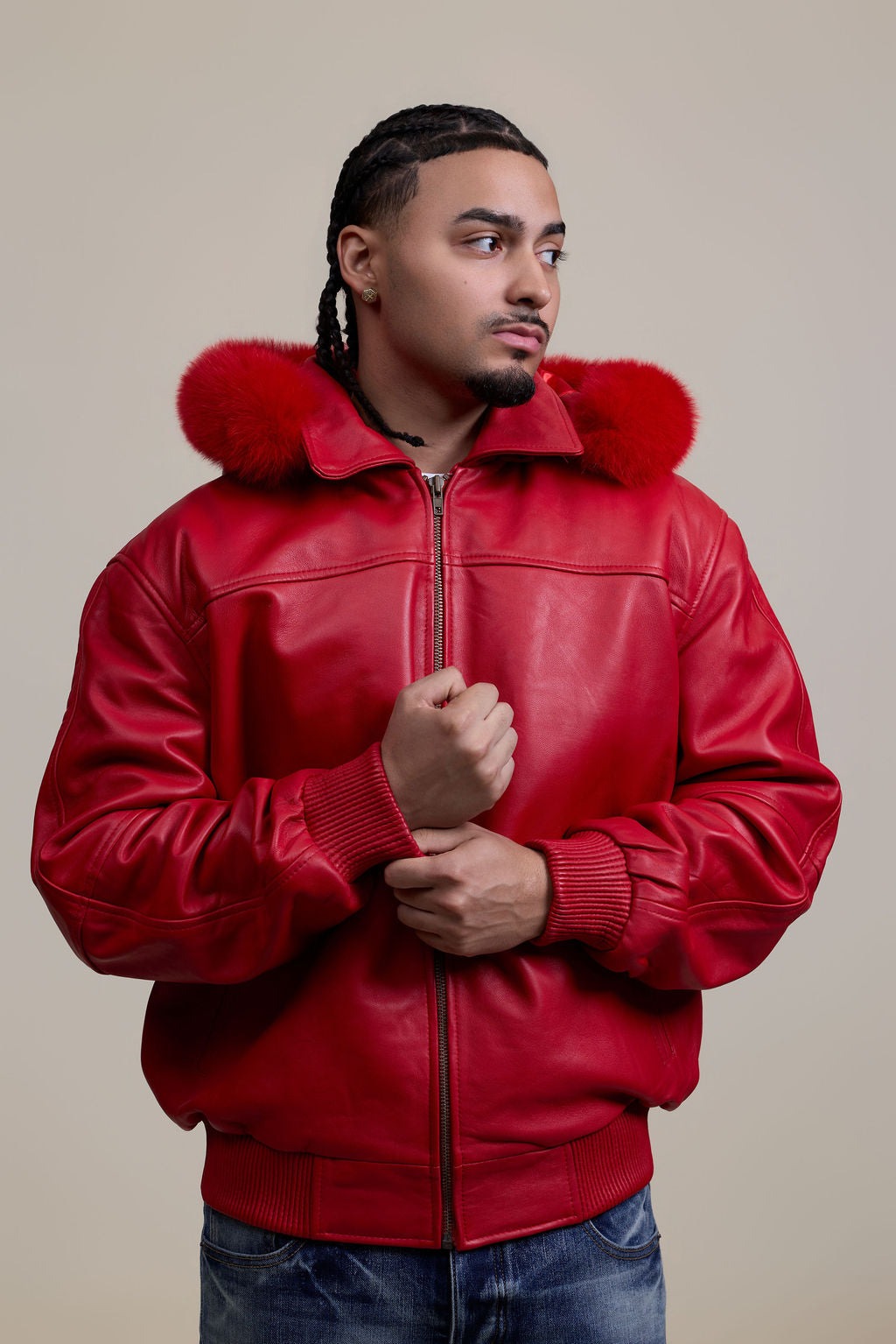 Men's Classic Baseball Jacket With Fox Hood [Red]
