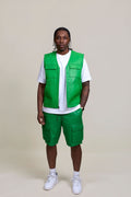 Men's Bless Set Leather Vest & Leather Cargo Shorts [Green]