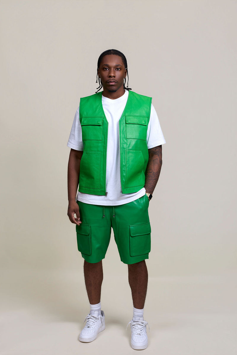 Men's Bless Set Leather Vest & Leather Cargo Shorts [Green]