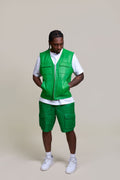 Men's Bless Set Leather Vest & Leather Cargo Shorts [Green]