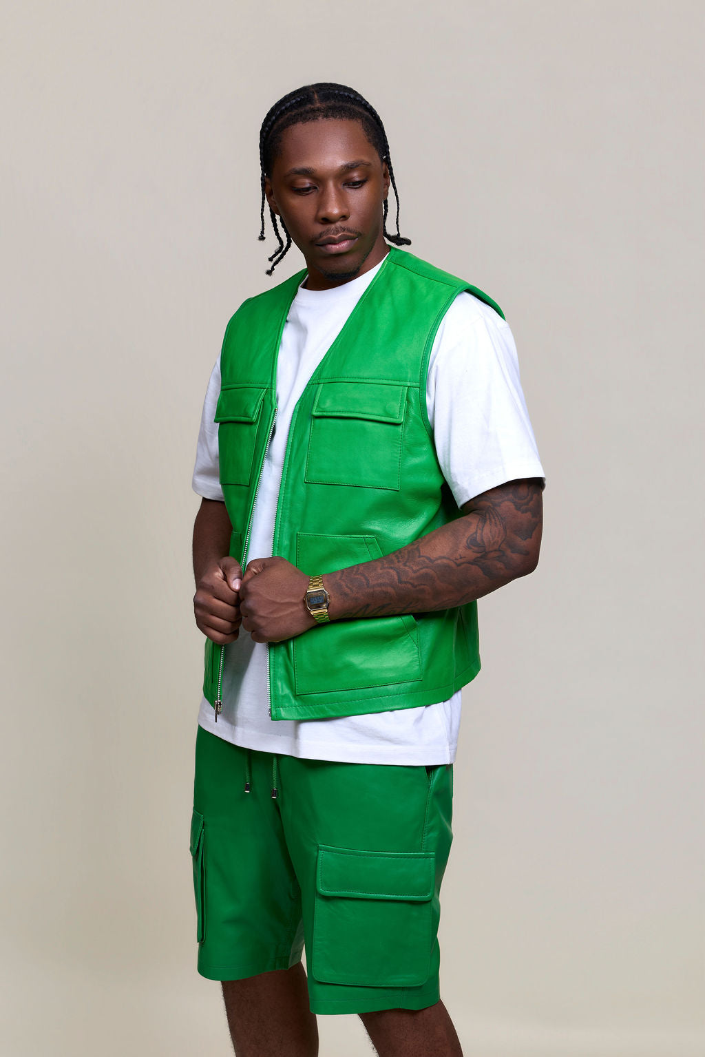 Men's Bless Set Leather Vest & Leather Cargo Shorts [Green]
