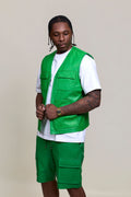 Men's Bless Set Leather Vest & Leather Cargo Shorts [Green]
