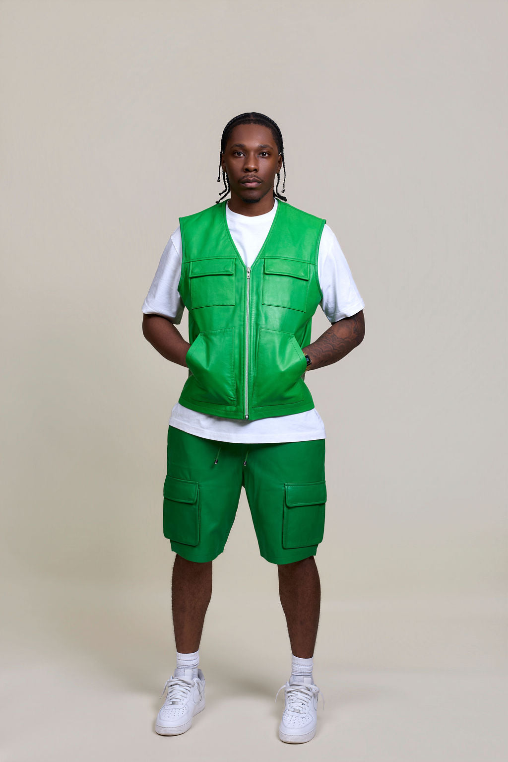 Men's Bless Set Leather Vest & Leather Cargo Shorts [Green]