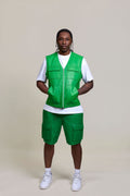Men's Bless Set Leather Vest & Leather Cargo Shorts [Green]