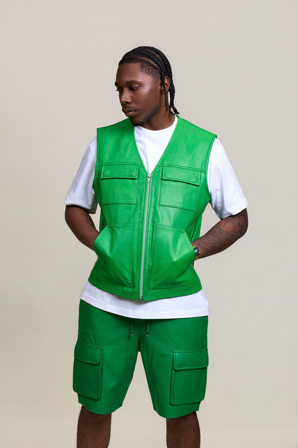 Men's Bless Set Leather Vest & Leather Cargo Shorts [Green]