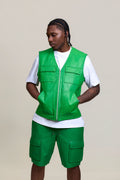 Men's Bless Set Leather Vest & Leather Cargo Shorts [Green]