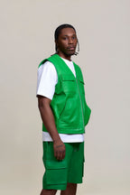 Men's Bless Set Leather Vest & Leather Cargo Shorts [Green]