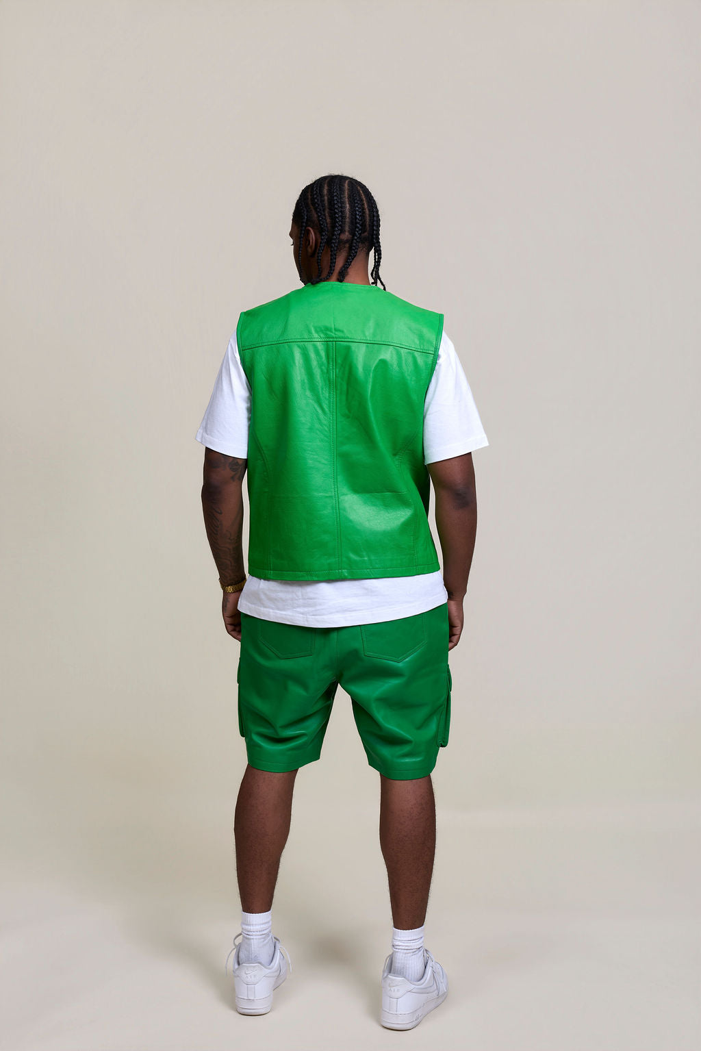 Men's Bless Set Leather Vest & Leather Cargo Shorts [Green]