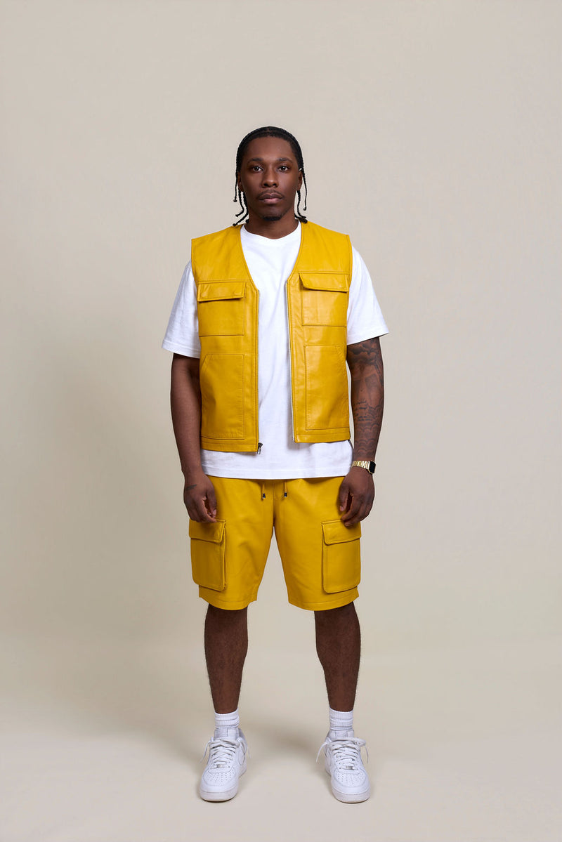 Men's Bless Set Leather Vest & Leather Cargo Shorts [Yellow]