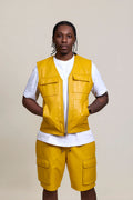 Men's Bless Set Leather Vest & Leather Cargo Shorts [Yellow]