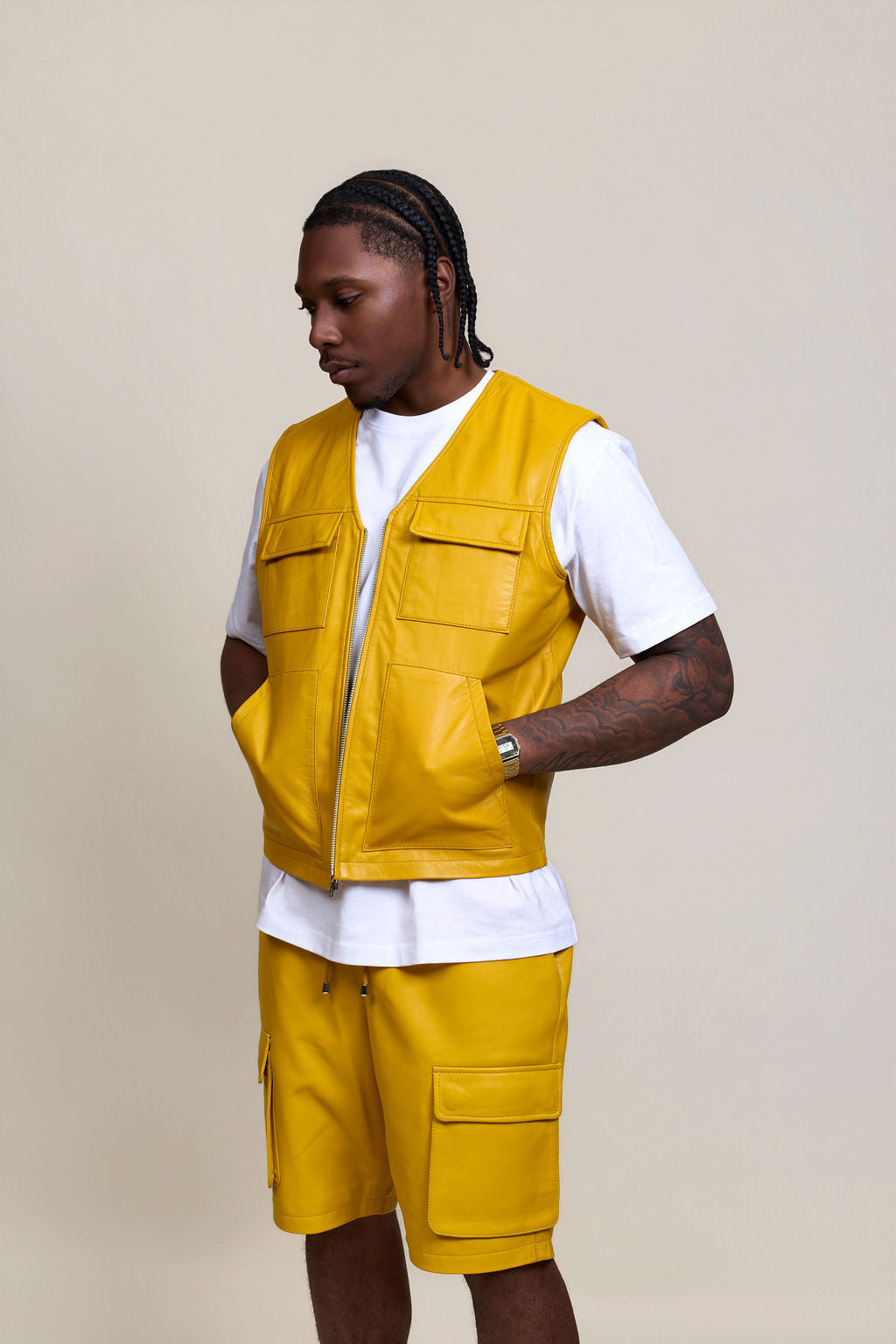 Men's Bless Set Leather Vest & Leather Cargo Shorts [Yellow]