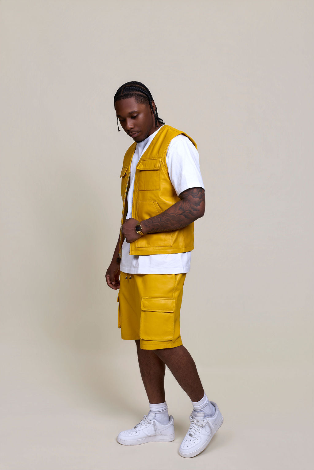 Men's Bless Set Leather Vest & Leather Cargo Shorts [Yellow]