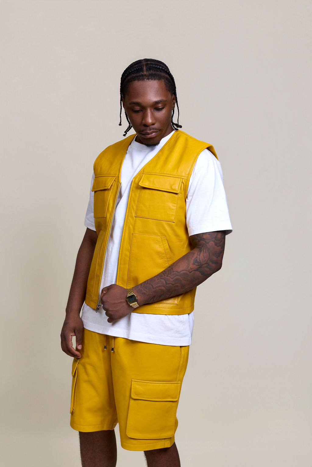 Men's Bless Set Leather Vest & Leather Cargo Shorts [Yellow]