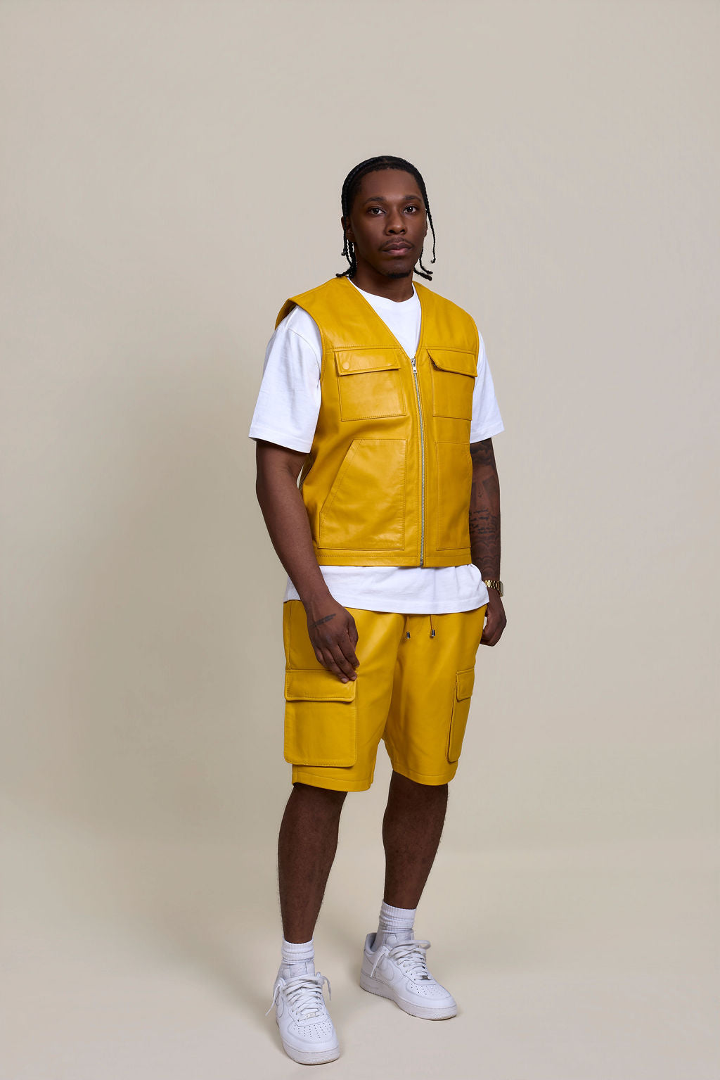 Men's Bless Set Leather Vest & Leather Cargo Shorts [Yellow]