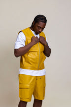 Men's Bless Set Leather Vest & Leather Cargo Shorts [Yellow]