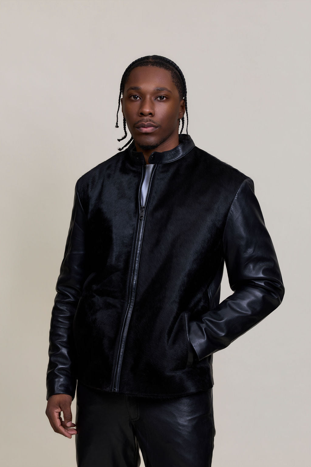Men's Leather & Pony Biker Combo [Black]