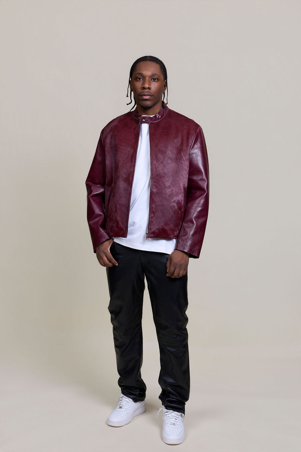 Men's Leather & Pony Biker Combo [Burgundy]