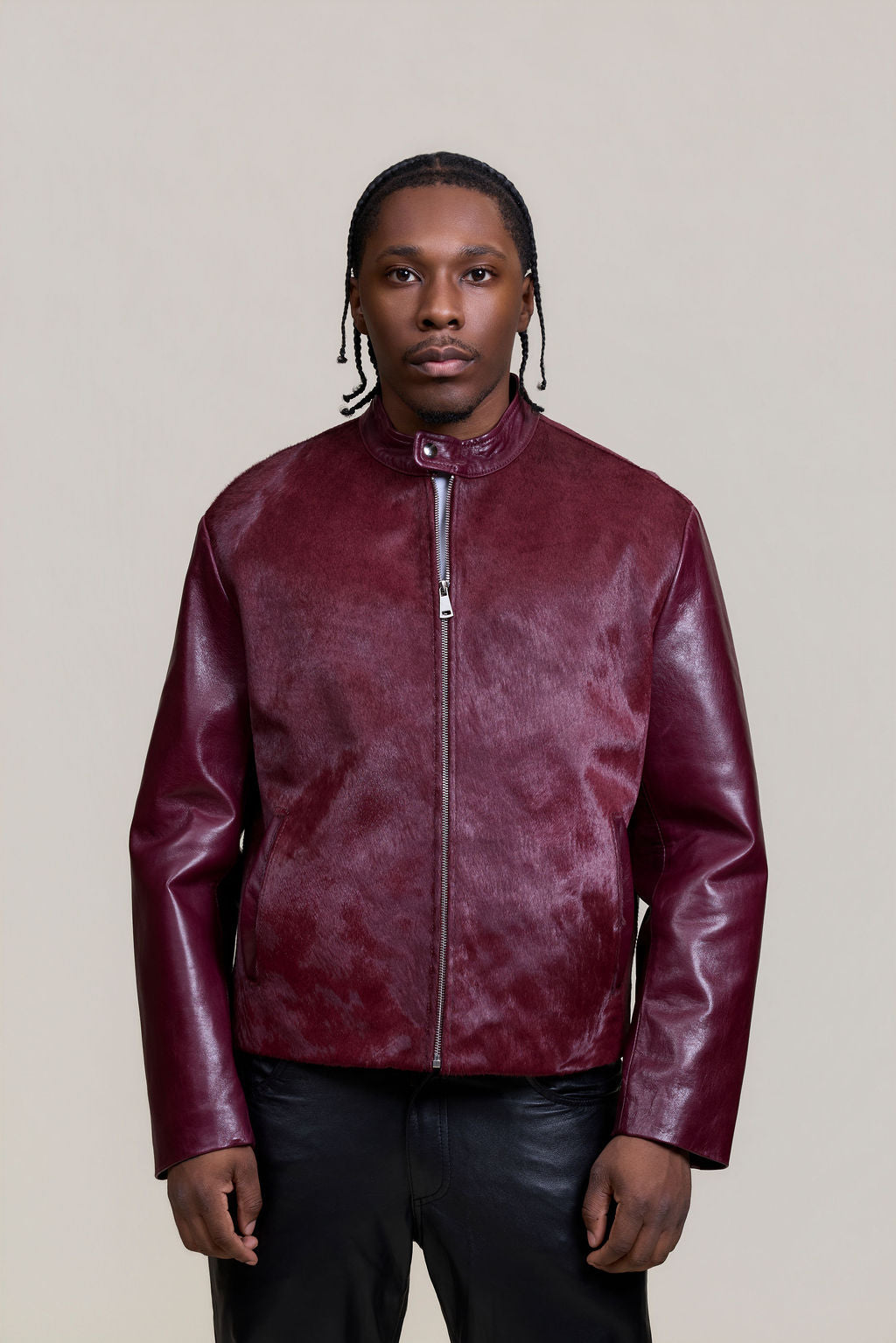 Men's Leather & Pony Biker Combo [Burgundy]