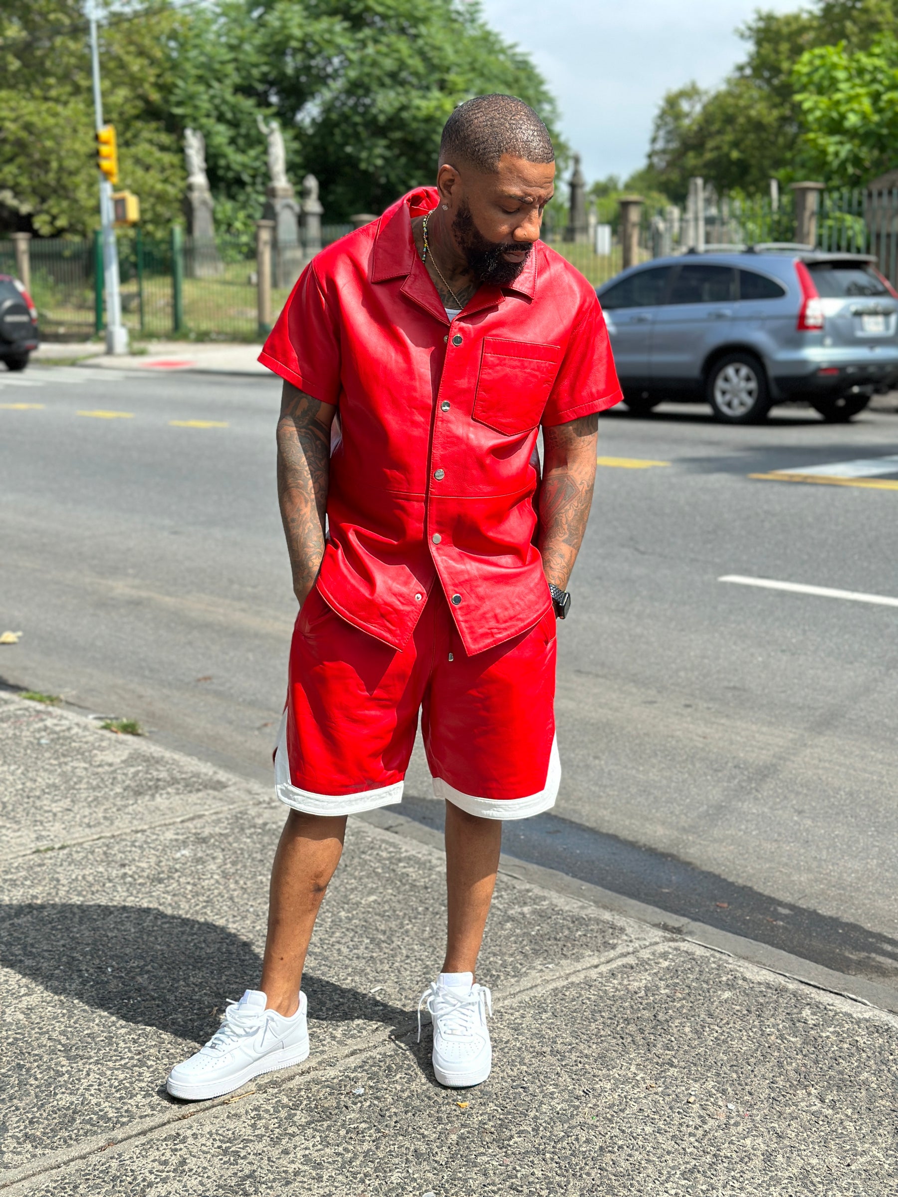 Men's Summer In Miami Leather Shirt And Shorts Set [Red