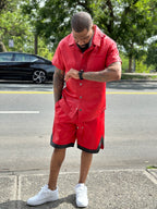 Men's Summer In Miami Leather Shirt And Shorts Set [Red/Black Stripe]