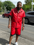Men's Summer In Miami Leather Shirt And Shorts Set [Red/Black Stripe]