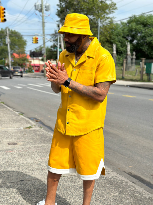 Men's Summer In Miami Leather Shirt And Shorts Set [Yellow]