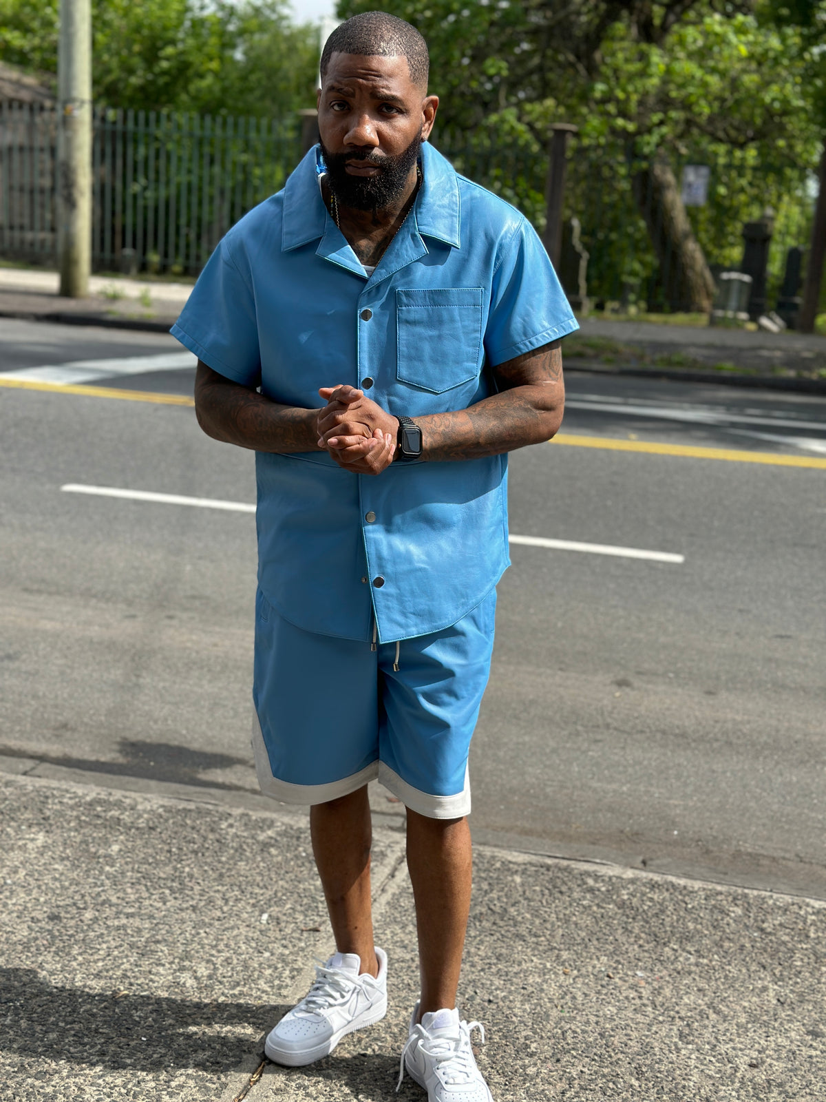 Men's Summer In Miami Leather Shirt And Shorts Set [Baby Blue]