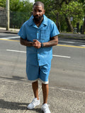 Men's Summer In Miami Leather Shirt And Shorts Set [Baby Blue]