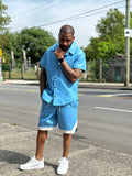 Men's Summer In Miami Leather Shirt And Shorts Set [Baby Blue]